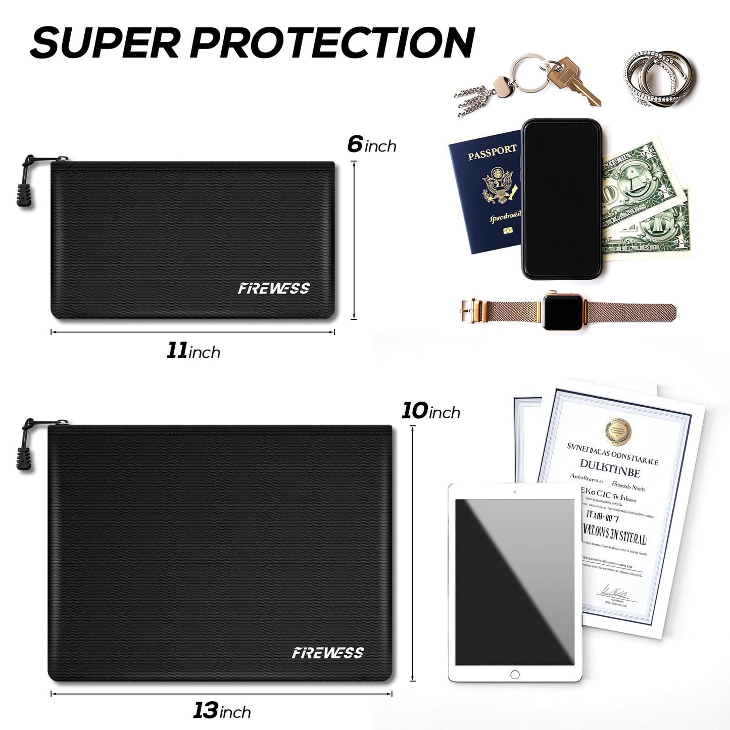 Fireproof Document Bag -2 Pack 13.4"x10" and 11"x6" Non-itchy Fireproof Money Bag, Waterproof Zipper holder for Valuables, Fire & Water Resistant Safe Pouch for File,Cash,Passport,Keys