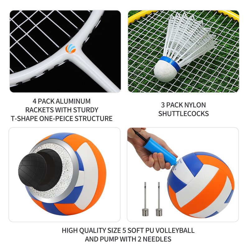 Olybeaka Outdoor Volleyball Badminton Combo Set with Net, Anti-Sagging Design, 4 Badminton Rackets, 3 Birdies and PU Volleyball for Backyard Lawn Beach (Deep & Light Blue Colorblock)