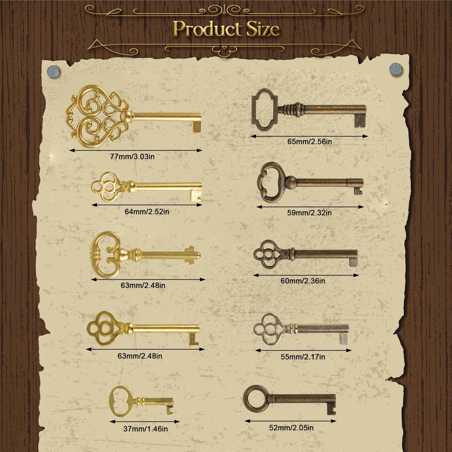 10PCS Skeleton Key Set Reproduction for Antique Furniture, Universal Barrel Key Replacement, Antique Brass Skeleton Keys for Dresser Drawers, Vintage Clocks,Cupboards, Desk Drawer Lock