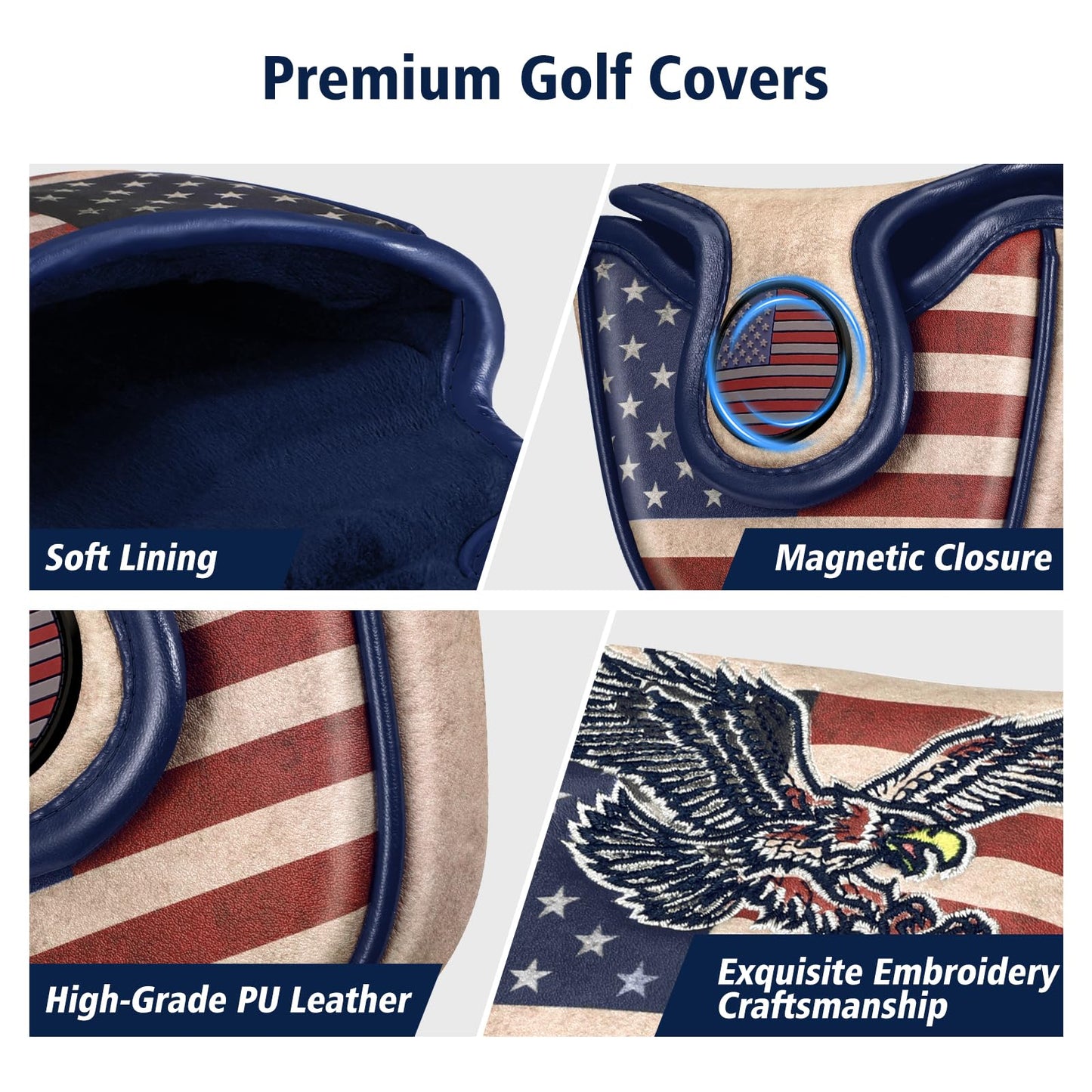 GIGAPOWER Golf Mallet Putter Cover, Elegant Embroidery Premium Leather Golf Club Head Cover Putter Headcover with Magnetic Closure Fits Most Putters