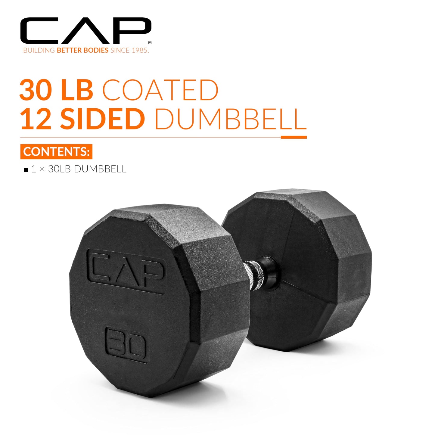 CAP 30lb Rubber Coated 12-Sided Dumbbell, Chrome Grip, Free Weights, Single