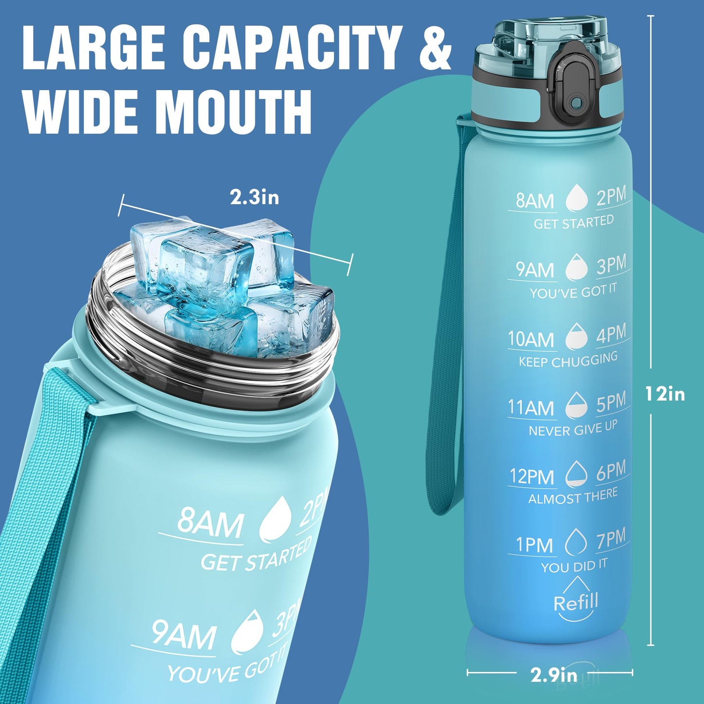 OLDLEY Water Bottle, 32oz Motivational Sports Water Bottle with Time Marker - Times to Drink - Tritan, BPA Free, Wide Mouth Leakproof,Luca