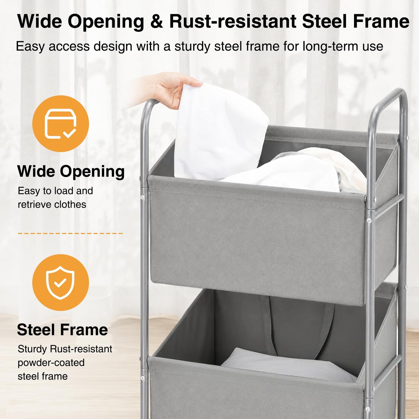 STO STO 3-Tier Vertical Rolling Laundry Hamper, Removable Bags, Gray Faric