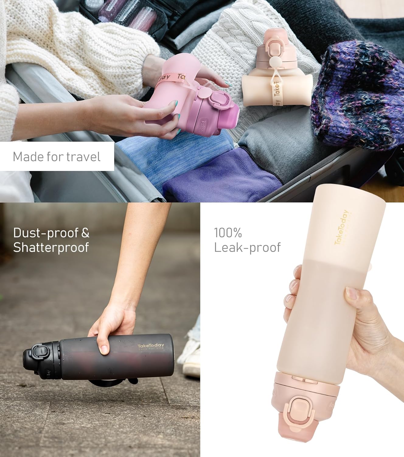 TakeToday Collapsible Water Bottle - 21oz Foldable Platinum Silicone with Straw & Carry Strap | BPA-Free, Leak-Resistant for Travel