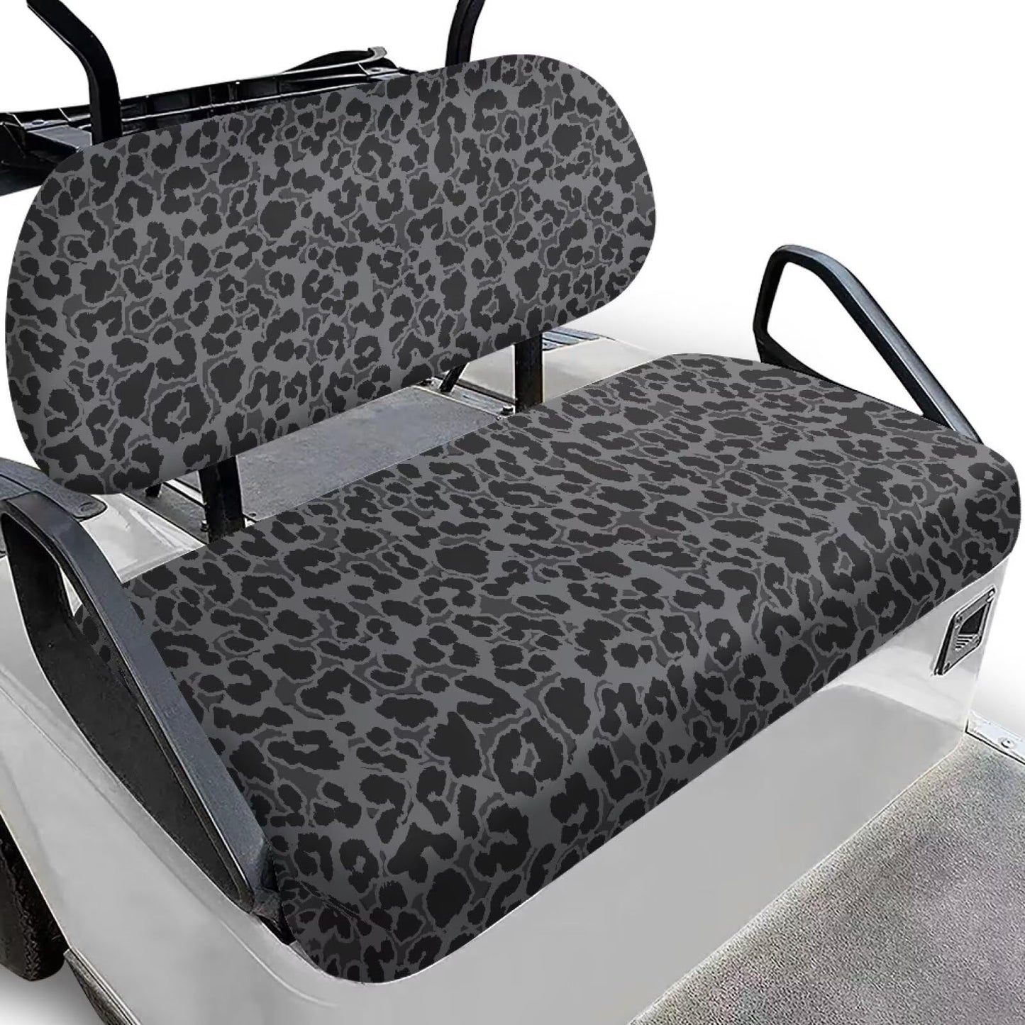 FUIALDOLG Grey Black Leopard Golf Cart Front + Rear Seat Cover Set Easy to Install Golf Cart Seat Covers Kit Bench Seat Covers Kit Printed Golf Car Accessories