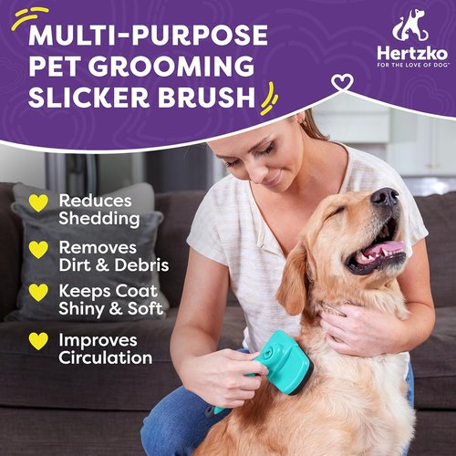 Hertzko Dog Brush - Self-Cleaning Slicker Brush for Shedding - Gently Removes Loose Hair & Tangles - Aqua
