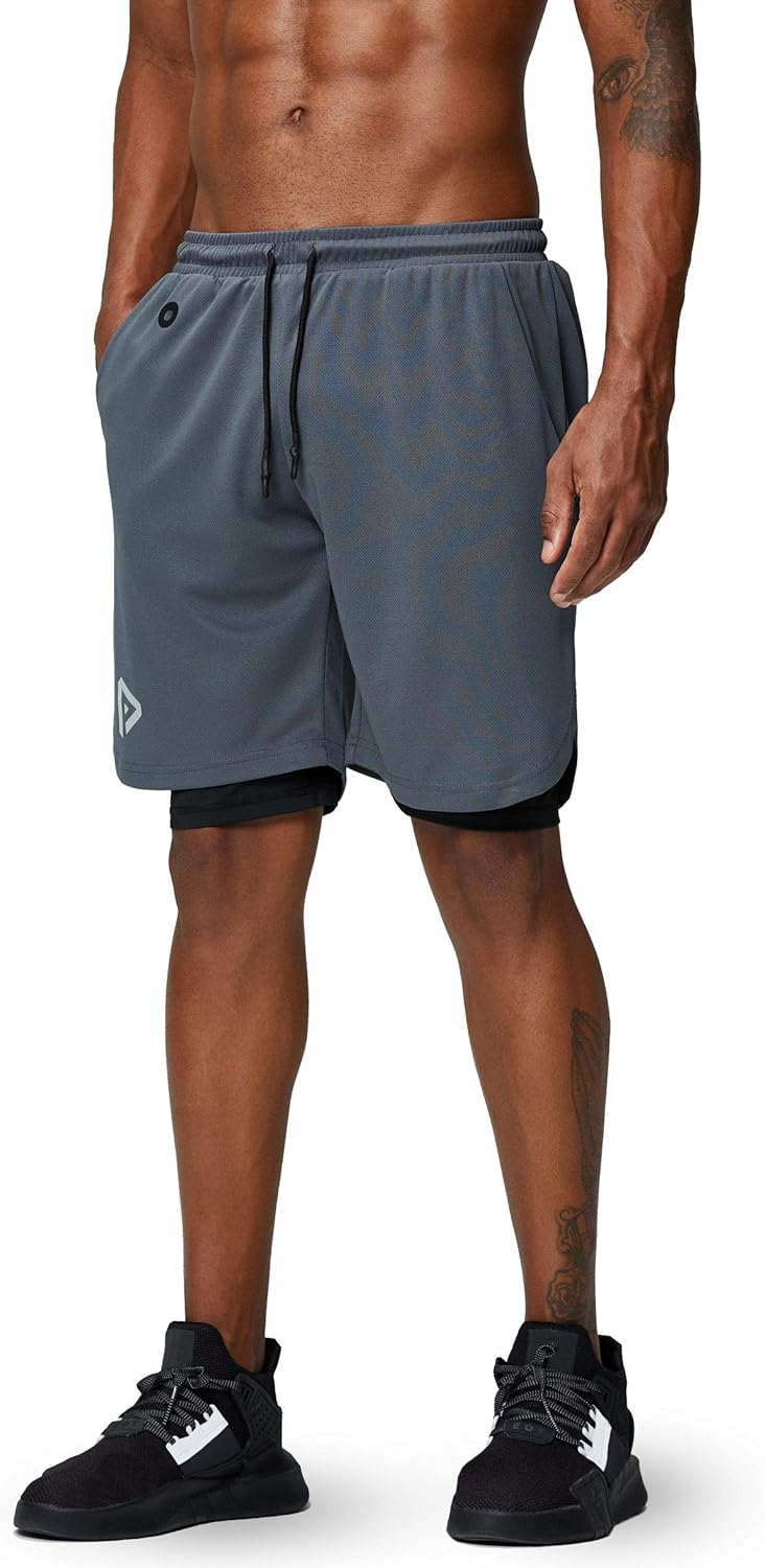 Pinkbomb Men's 2-in-1 Running Shorts - Quick Dry Gym Workout Shorts with Phone Pocket