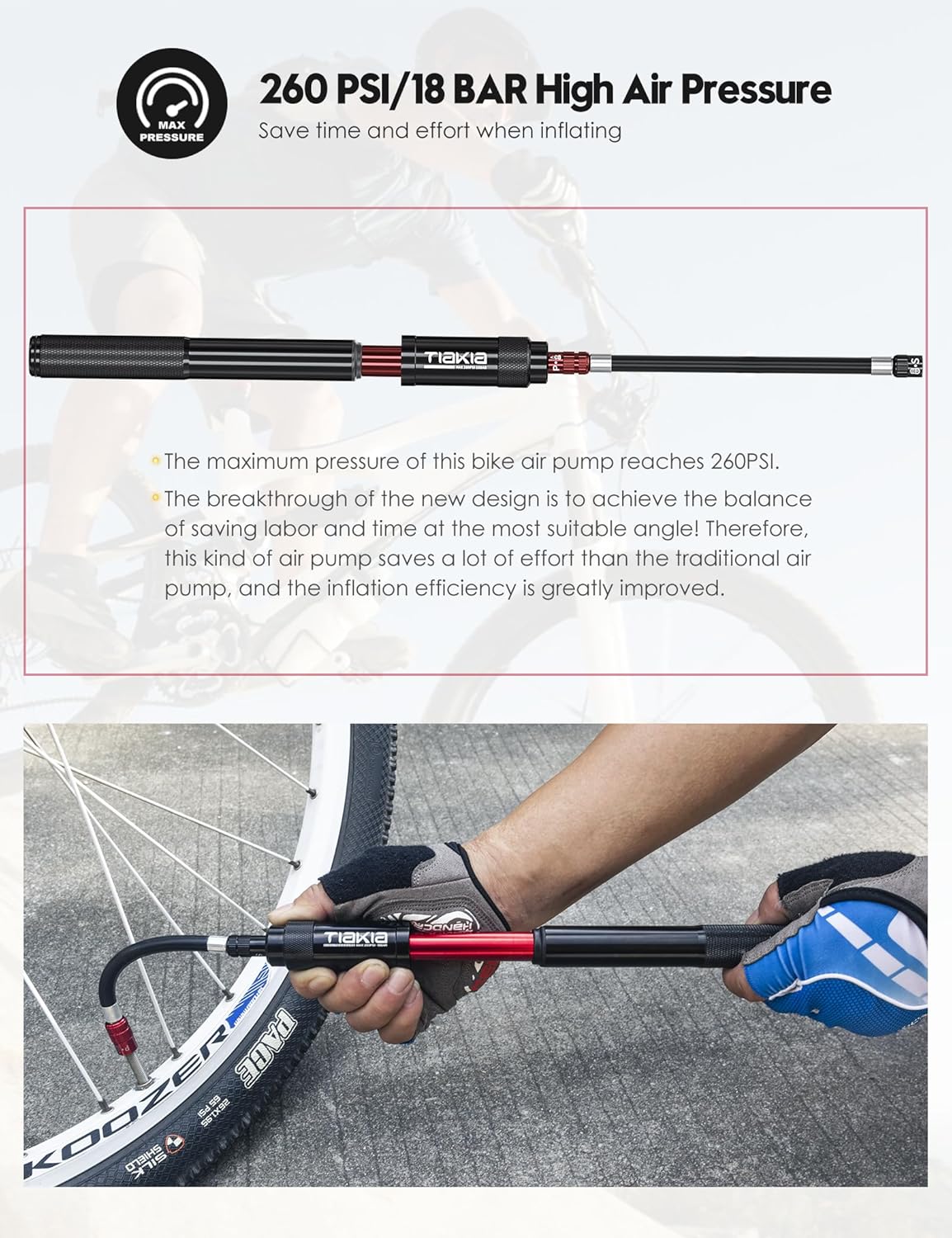 Tiakia Mini Bike Pump - Portable 260PSI High Pressure Frame Pump for Presta & Schrader Valves | Aluminum Alloy Tire Pump for Road & Mountain Bikes