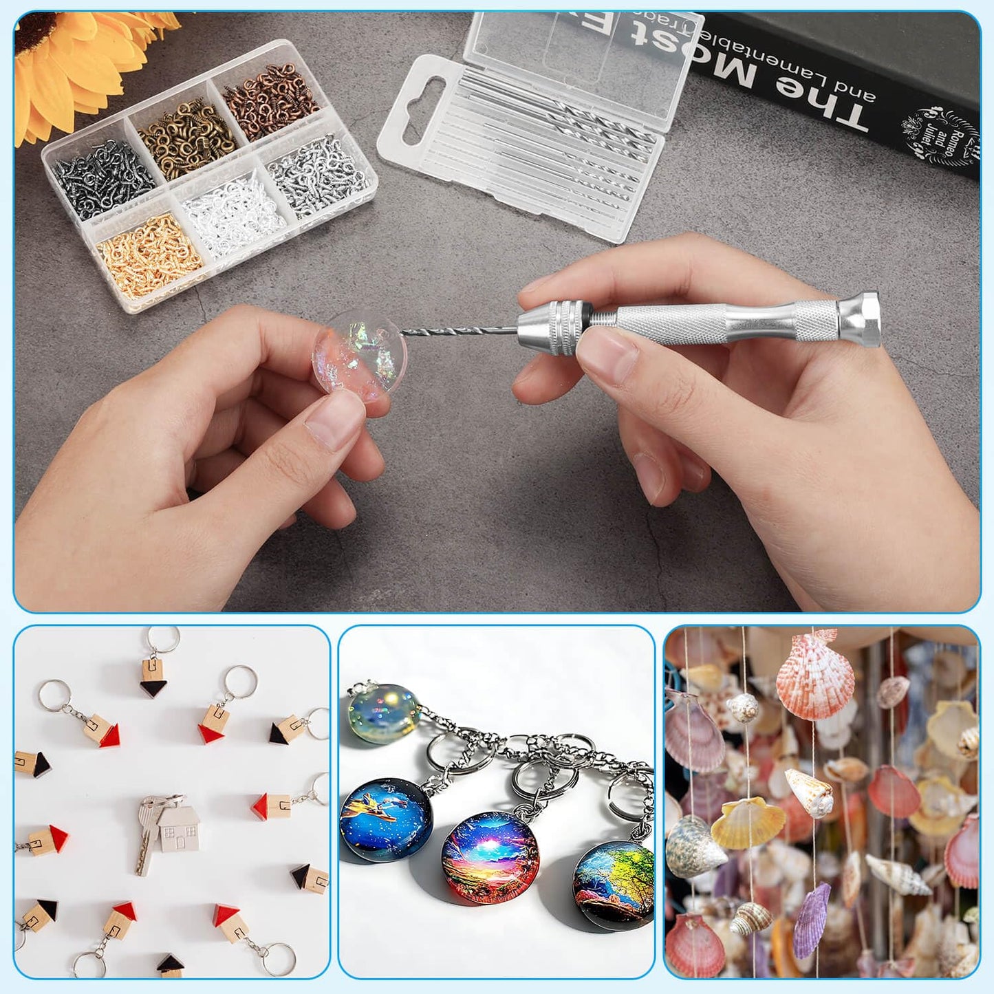 Shynek Pin Vise Hand Drill Set, Manual Hand Drill with 600PCS Small Screw Eye Hooks and 10 Different Sizes Drill Bits for Keychain, Jewelry Making and Crafts