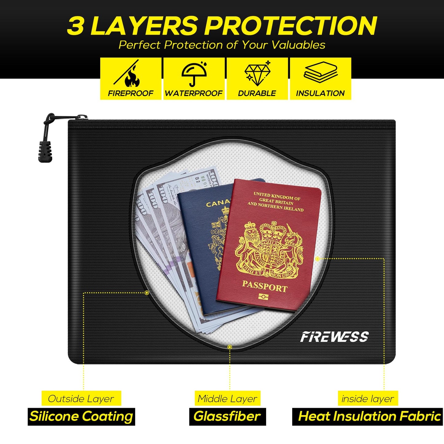 Fireproof Document Bag -2 Pack 13.4"x10" and 11"x6" Non-itchy Fireproof Money Bag, Waterproof Zipper holder for Valuables, Fire & Water Resistant Safe Pouch for File,Cash,Passport,Keys