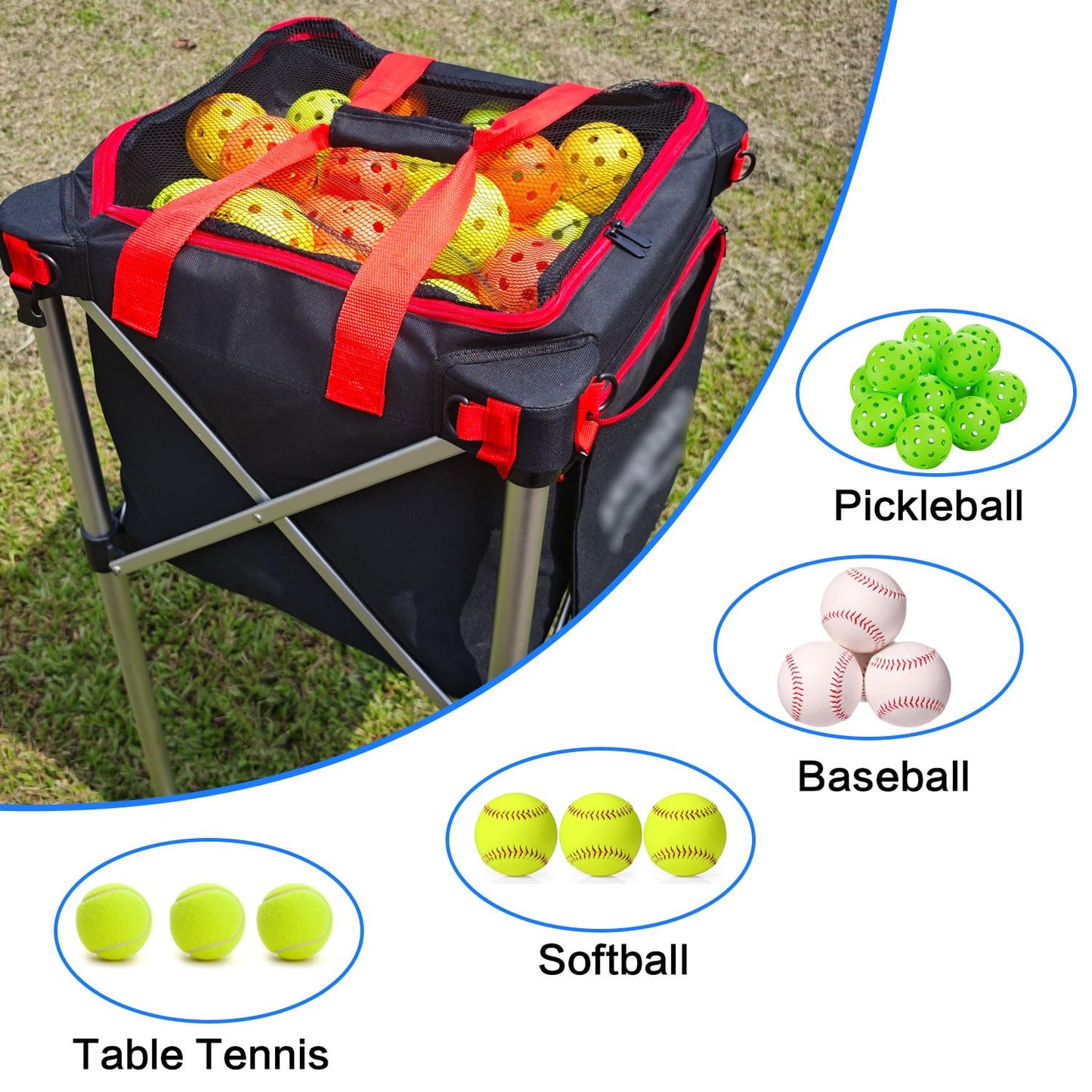 LOMGWAYS Pickleball Tennis Ball Hopper-Foldable Lightweight Tennis Ball Cart Holds 180 Tennis with Removable Bag,Wheel,Side Pocket for Training/Teaching, for Tennis/Pickleball/Baseball/Softball
