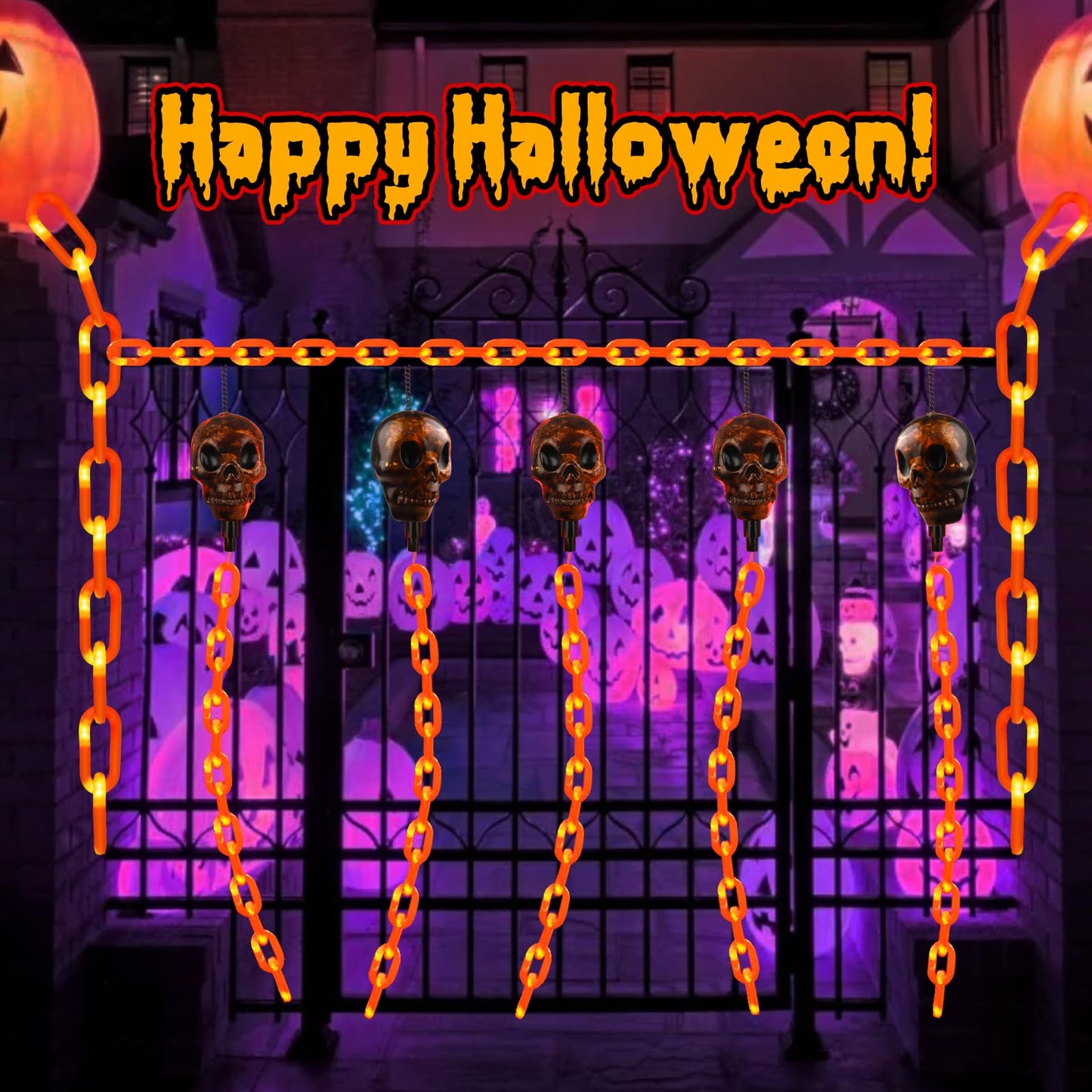 X-GiftKey Halloween Decorations Outdoor Solar Skull Chain Lights,Light up Scary Skull with Orange Props Chain,for Skeleton Dog,8 Modes Lighted Halloween String Lights for Yard/Patio,Creepy Party Decor