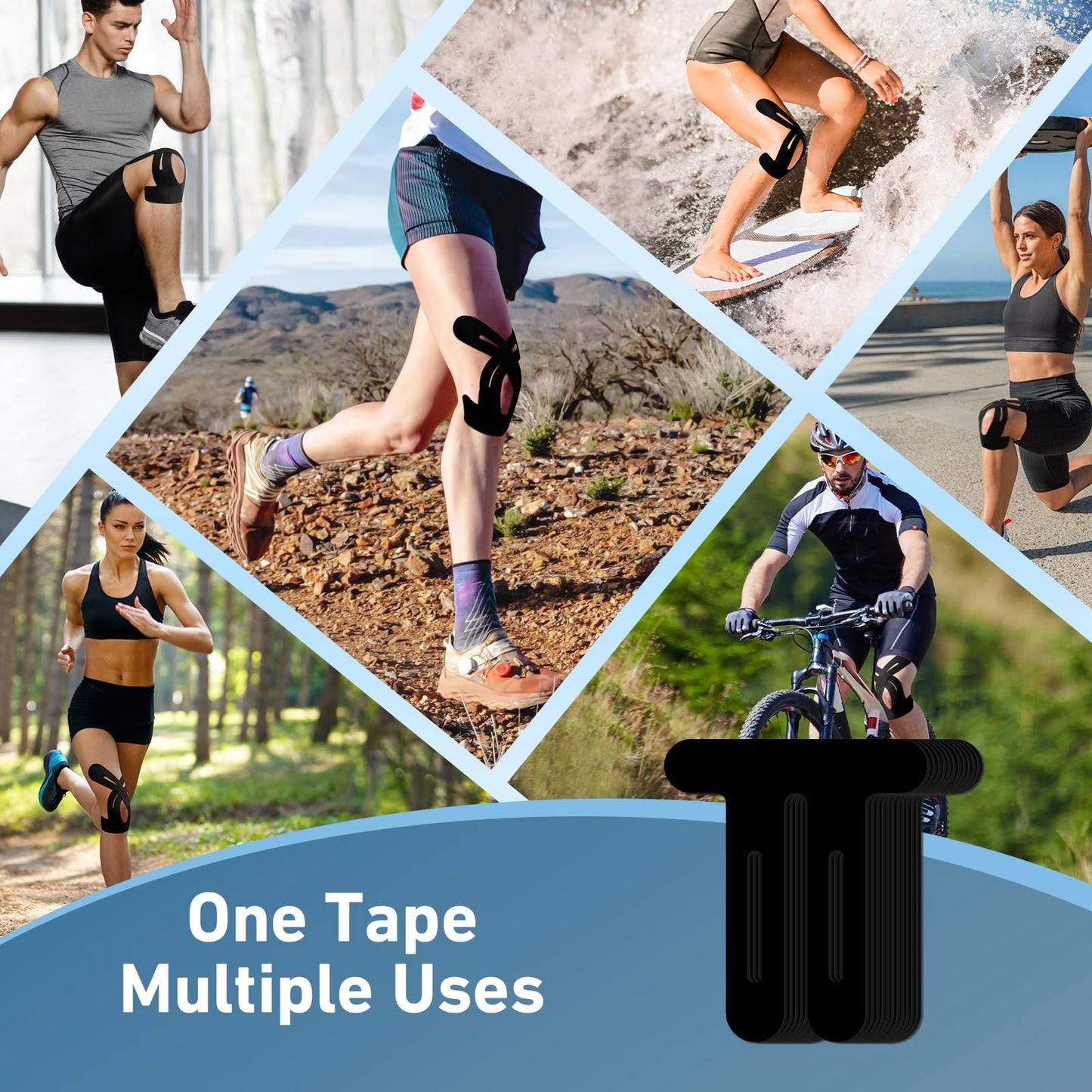 PreCut Kinesiology Tape for Knees, KTQUICK 12 PCS 20% Extra Adhesive Knee Tape for Knee Pain Relief Pre Cut, Anatomical for Maximum Hold, Waterproof&Hypoallergenic Cotton Latex-Free for Sports (Black)