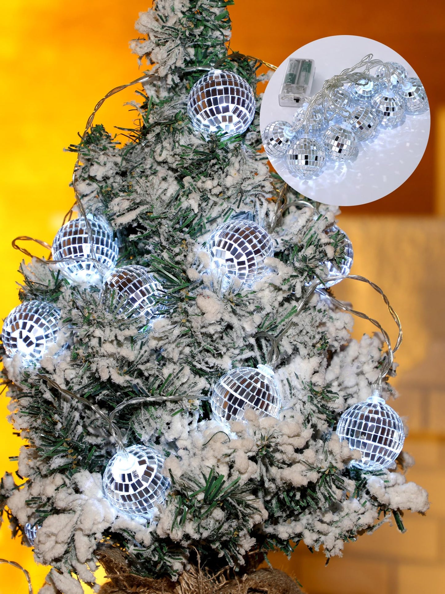 BBTO LED Disco Ball String Light Battery Powered Mirror Balls Ornaments for Outside Backyard Porch 70s 80s Disco Party Supplies(1.18 Inch,Silver White)
