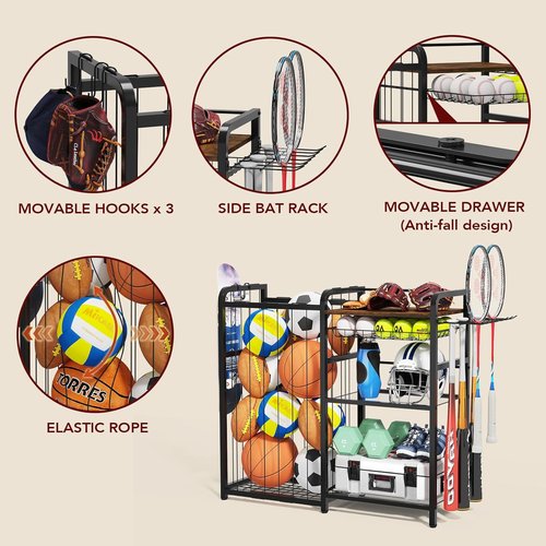 Homsorout Sports Equipment Organizer - Large Capacity Ball Storage with Hooks & Baskets