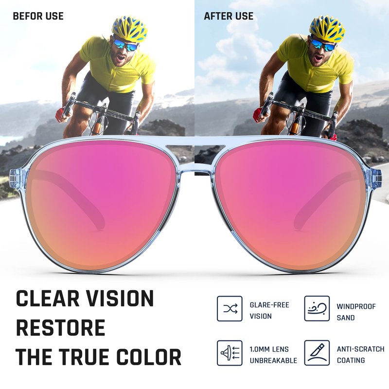 TOREGE Aviator Sunglasses Polarized Sunglasses for Men Women, Lightweight Sports Sun Glasses UV Protection For Fishing Boating Beach Golf Driving TR75(Crystal Blue Grey&Blue Grey&Pink Lens C15)