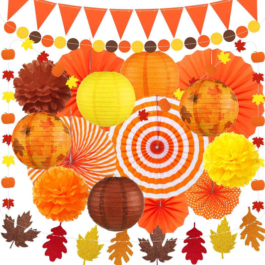 Yexiya 18 Pcs Fall Party Decoration Includes Fall Paper Lanterns Autumn Paper Fans Pompoms Maple Leaf Garlands Flower Balls Hanging Ceiling Decorations for Thanksgiving Harvest Wedding