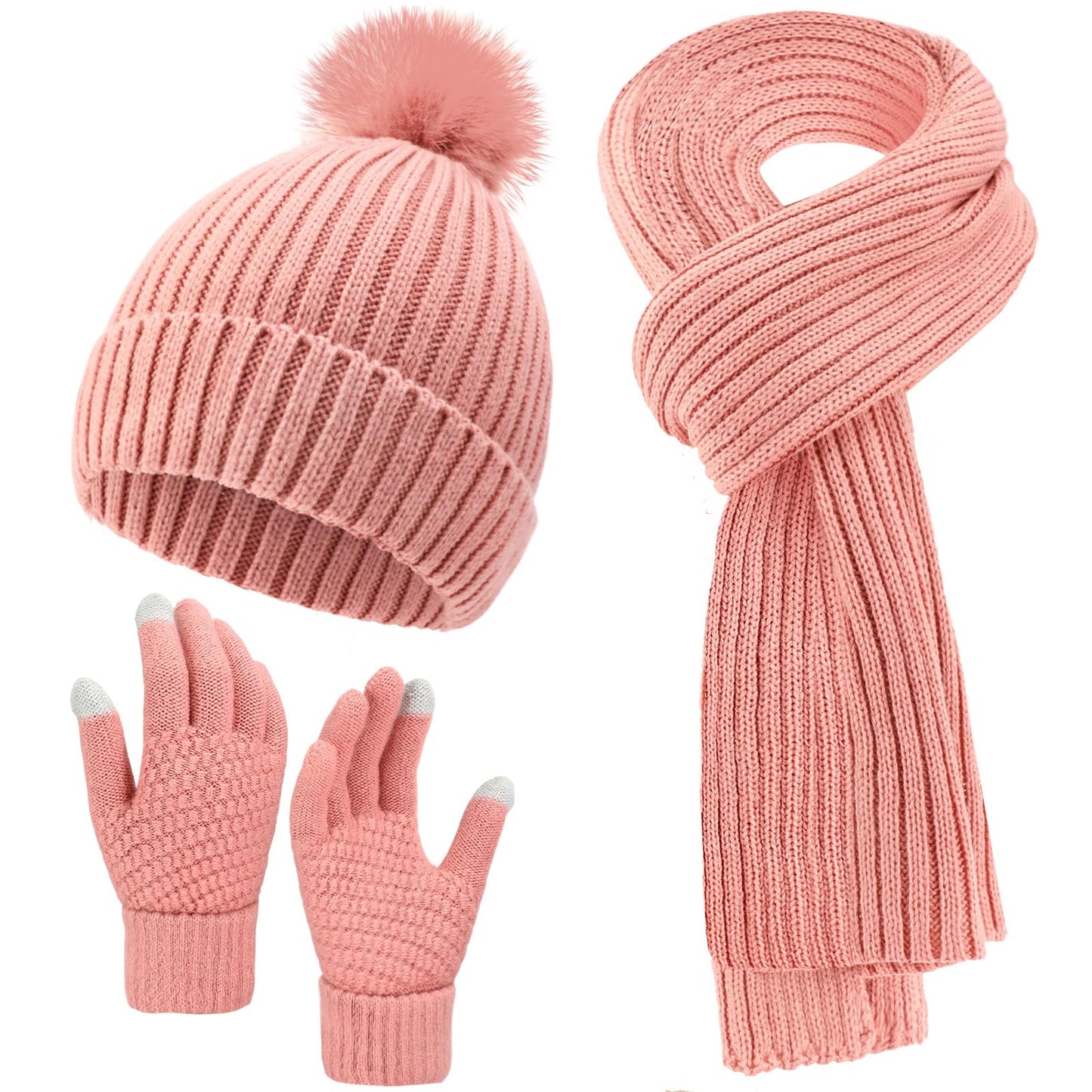 Geyoga 3 Pcs Winter Beanie Hat Scarf Gloves Set Warm Winter Knit Hats with Pom Long Scarf Touchscreen Gloves for Women Men(Pink)
