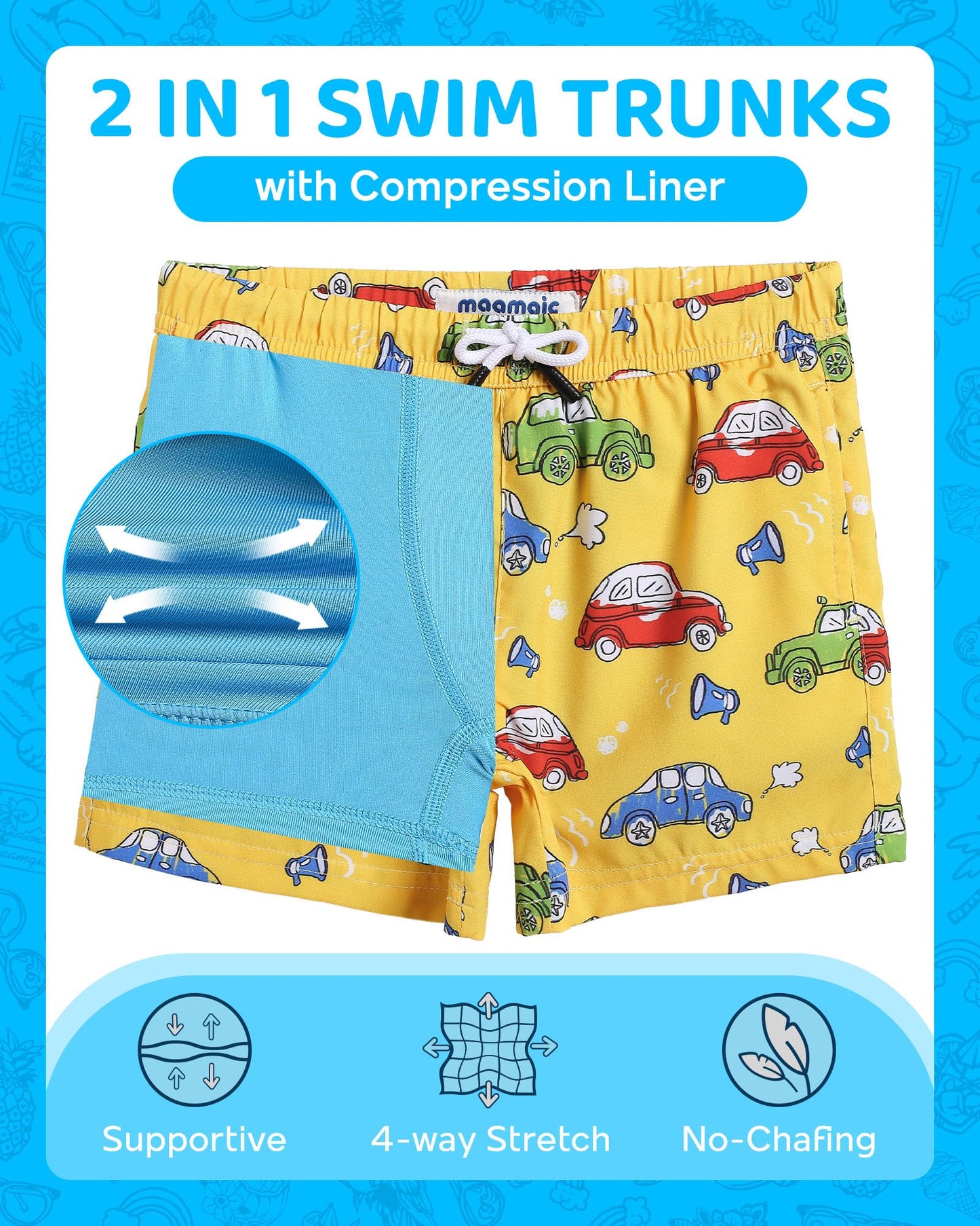 maamgic Boys Swim Trunks with Compression Liner Toddler Boy Swimsuit Quick Dry 4-Way Stretch Swimming Trunks Cartoon car Yellow 2T