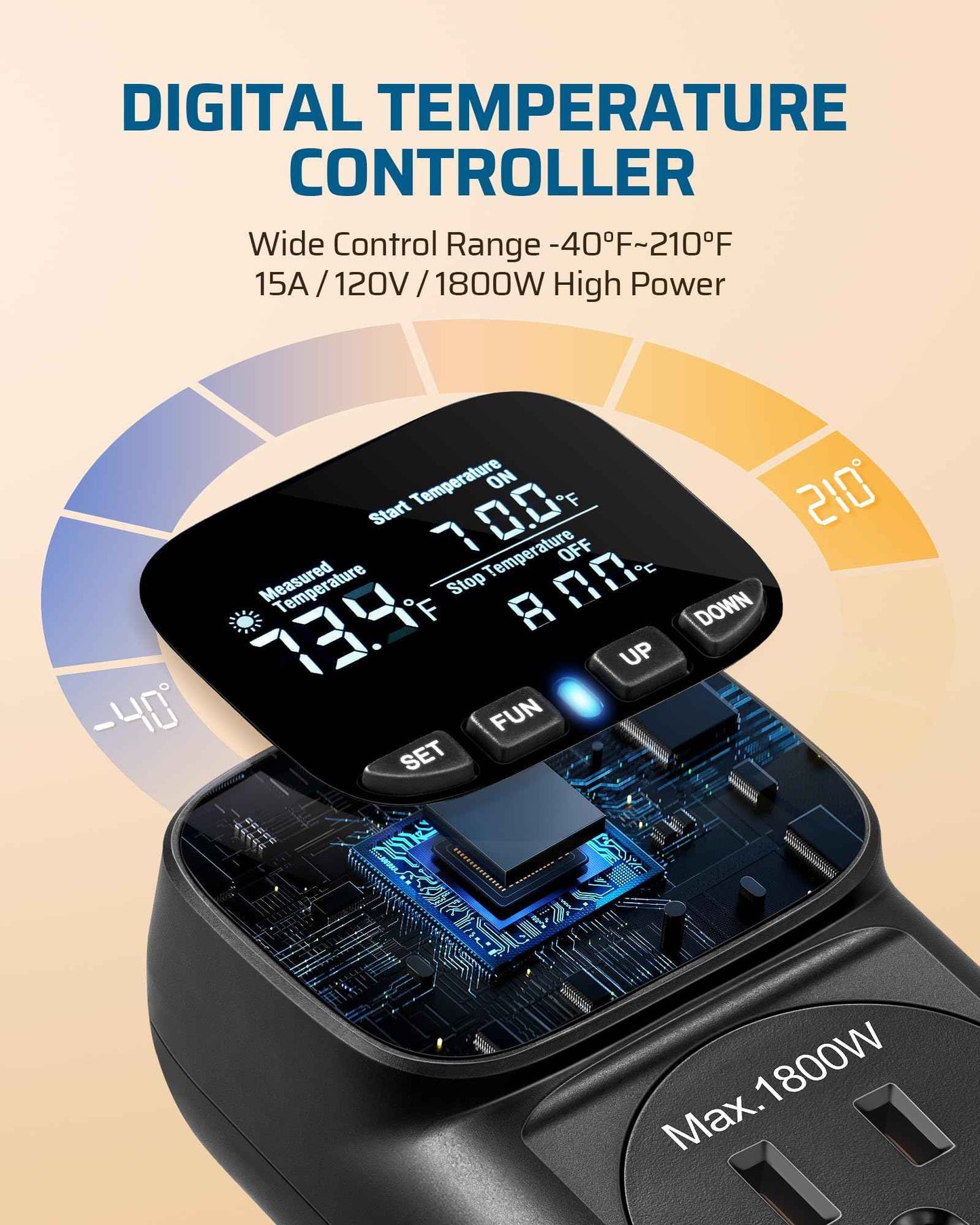 DEWENWILS Digital Temperature Controller, Heavy Duty 15A/1800W Thermostat Outlet Plug, VA Display Heating Cooling Control Timer, -40℉~210℉, Cyclic Timing/Countdown, for Greenhouse Incubator, Black