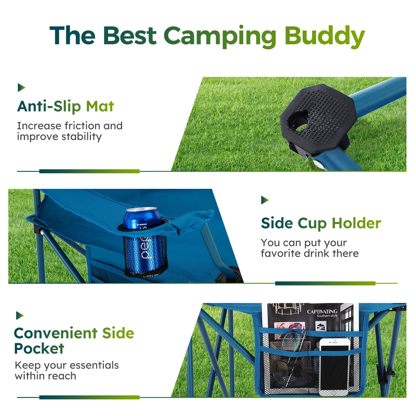 ALPHA CAMP Folding Camping Chairs for Adults Lawn Chairs Outdoor Chairs Support 250 LBS Portable Camp Chairs with Cup Holders Cooler Pouch for Outdoor, 2 Pack