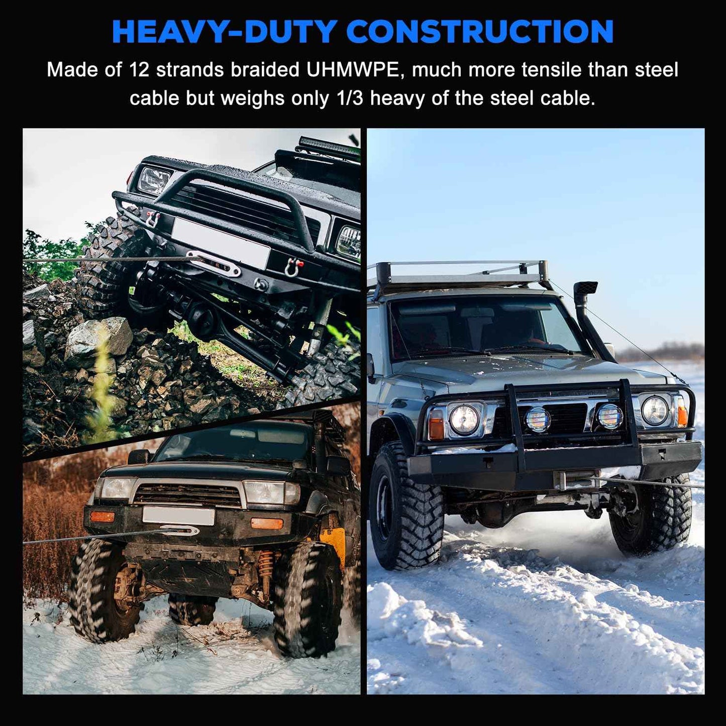 Synthetic Winch Rope Kit, 3/8" x 92ft 26500LBS Blue+Black Winch Cable with Protective Sleeve, Forged Winch Hook and Safety Pull Strap 4WD Off Road Vehicle SUV Truck