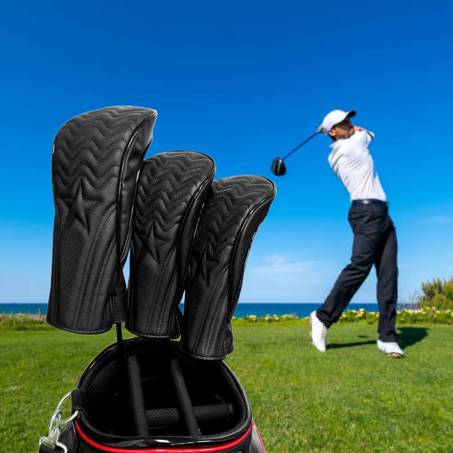 WTLJQQY 3pcs Golf Club Head Covers Set, Driver & Woods Driver Headcover, Fairway Wood Covers, Black, Leather, Golf