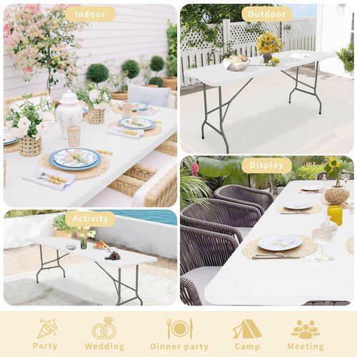 HAISIWLKJ Folding Table 8 FT Camping Table Portable Heavy Duty Plastic Rectangular Outdoor Dining Table Steel Legs Fold-in-Half with Carrying Handle for Indoor,Picnic,Party,Wedding,Events(White)