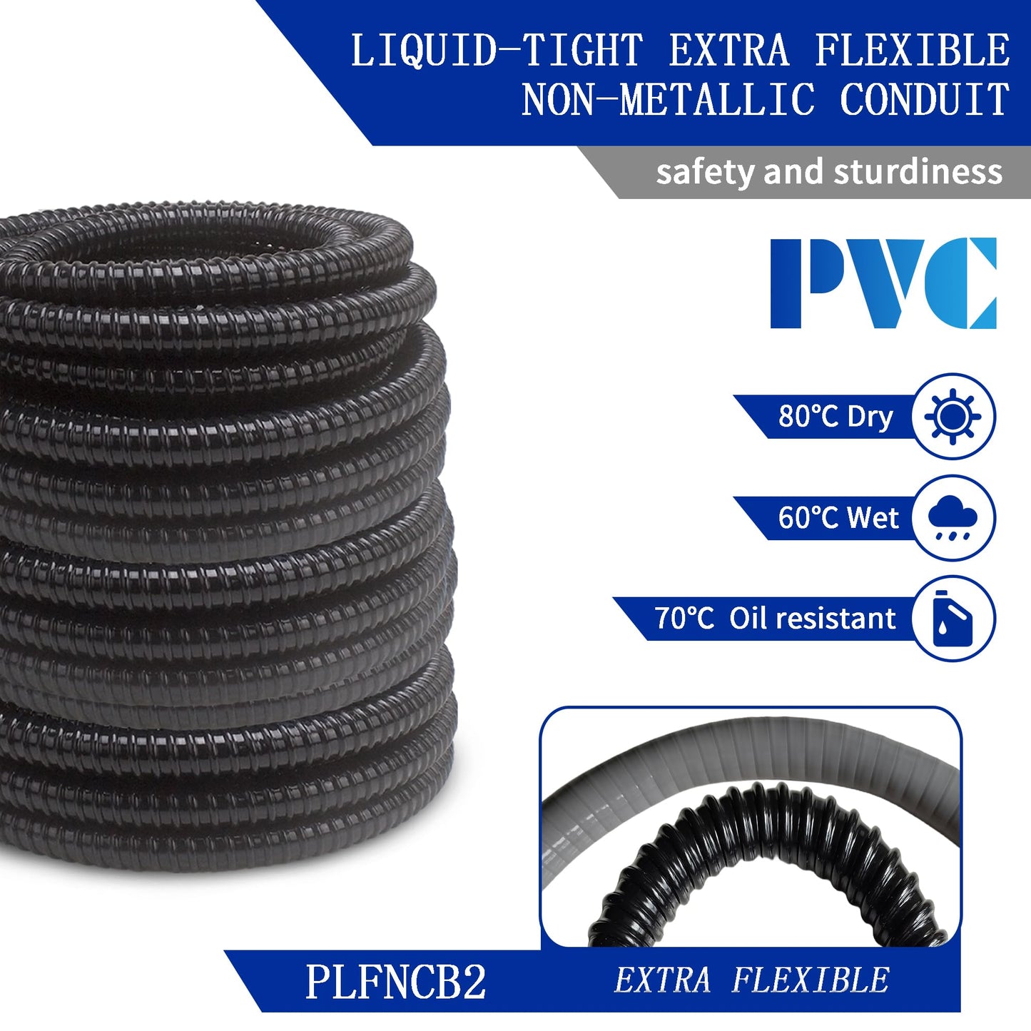 (1/2" Dia * 100 Feet) Yariwiz Black Special Extra Flexible Electrical Conduit Liquid Tight PVC Conduit Kit with 5 PCS Coupling, 5 PCS Elbow and 10 PCS Strap, Sealtight Seal Flex Liquidtight Wire