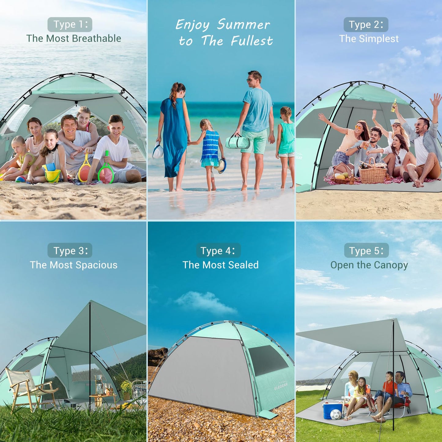 Elegear CumbreX™ Beach Tent Sun Shelter with Canopy, 6-8 Person Pop Up Beach Tent, Easy Setup UPF 50+ UV Protection Portable Lightweight Double Silver Coating Cabana Sun Shade Shelter - Green