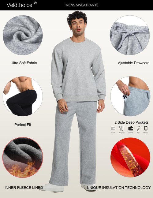 Veldtholos 3 Pack Men's Fleece Lined Sweatpants with Pocket Cotton Sweatpants Winter Warm Athletic Joggers Open Bottom for Men