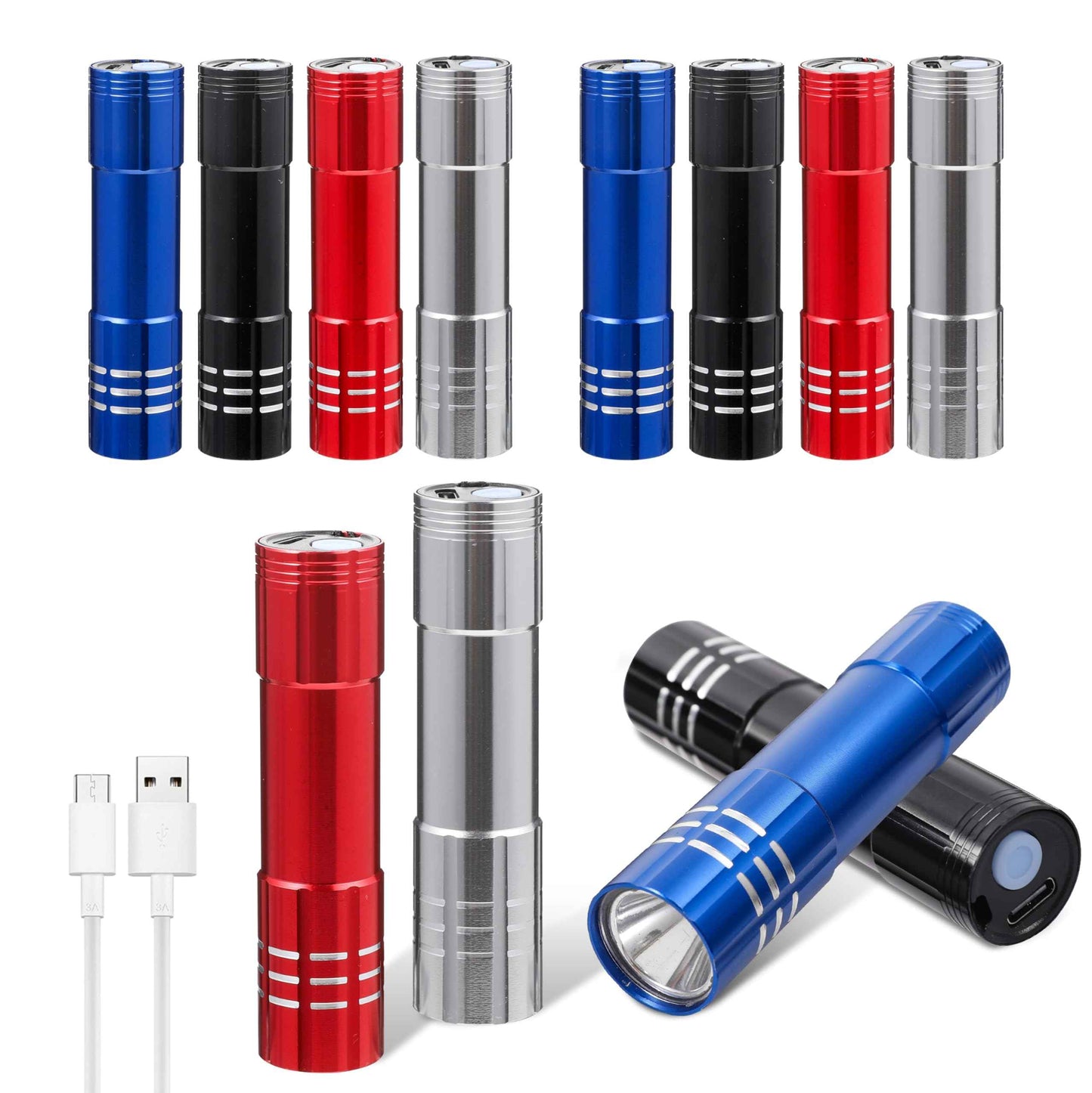 12 Pack LED Aluminum Small Rechargeable Flashlights Bulk, Powered by Built-in Rechargeable Battery with Type-C USB Cable, Slim Mini Handheld Light for Everyday Carry, Hurricane Supplies, Camping