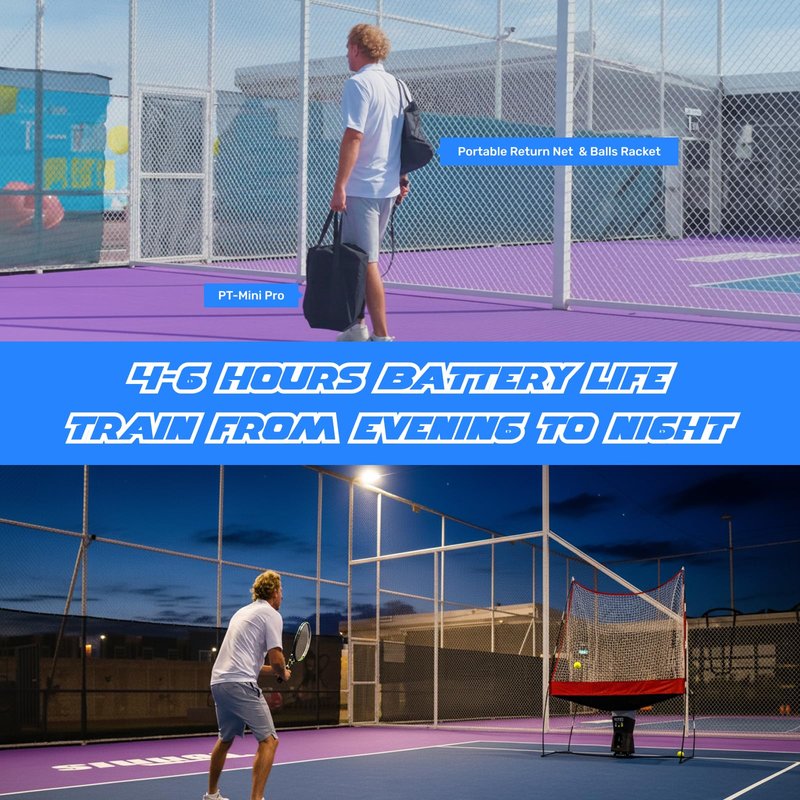 Tennis Training Set with Return Net&PT-Mini Pro Tennis ball launcher — App/Remote Control, 4–6h Battery, 60-Ball Capacity, up to 12 mph, 5-Point Random; Indoor & Solo-Friendly for Beginners and Kids