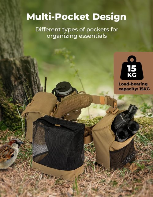 KEMIMOTO Tactical Hunting Belt, Quick Release Battle Belt for Men with Shoulder Strap, Breathable Design 4 Pouches to Carry Tools Accessories & Gear, Ideal for Hunting Fishing Dog Training (Brown)