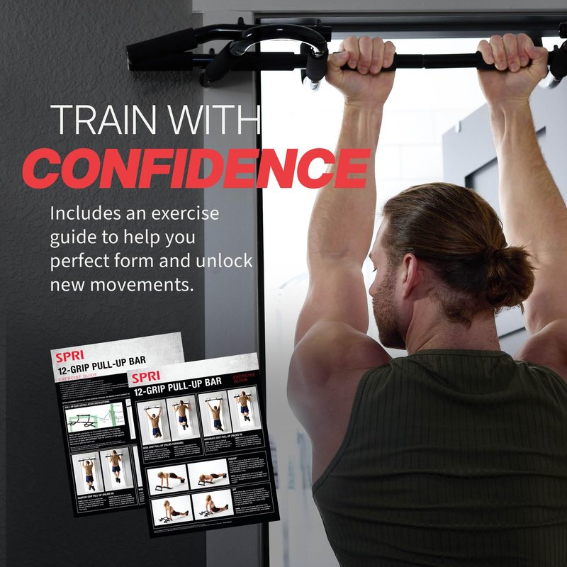 SPRI Pull Up Bar - 12-Grip Door Mounting Pull-Up Bar for Versatile Workouts - Rugged Steel with Foam Handles - Supports 300 Pounds - Fits Door Frames Up to 32 in. Wide - Black