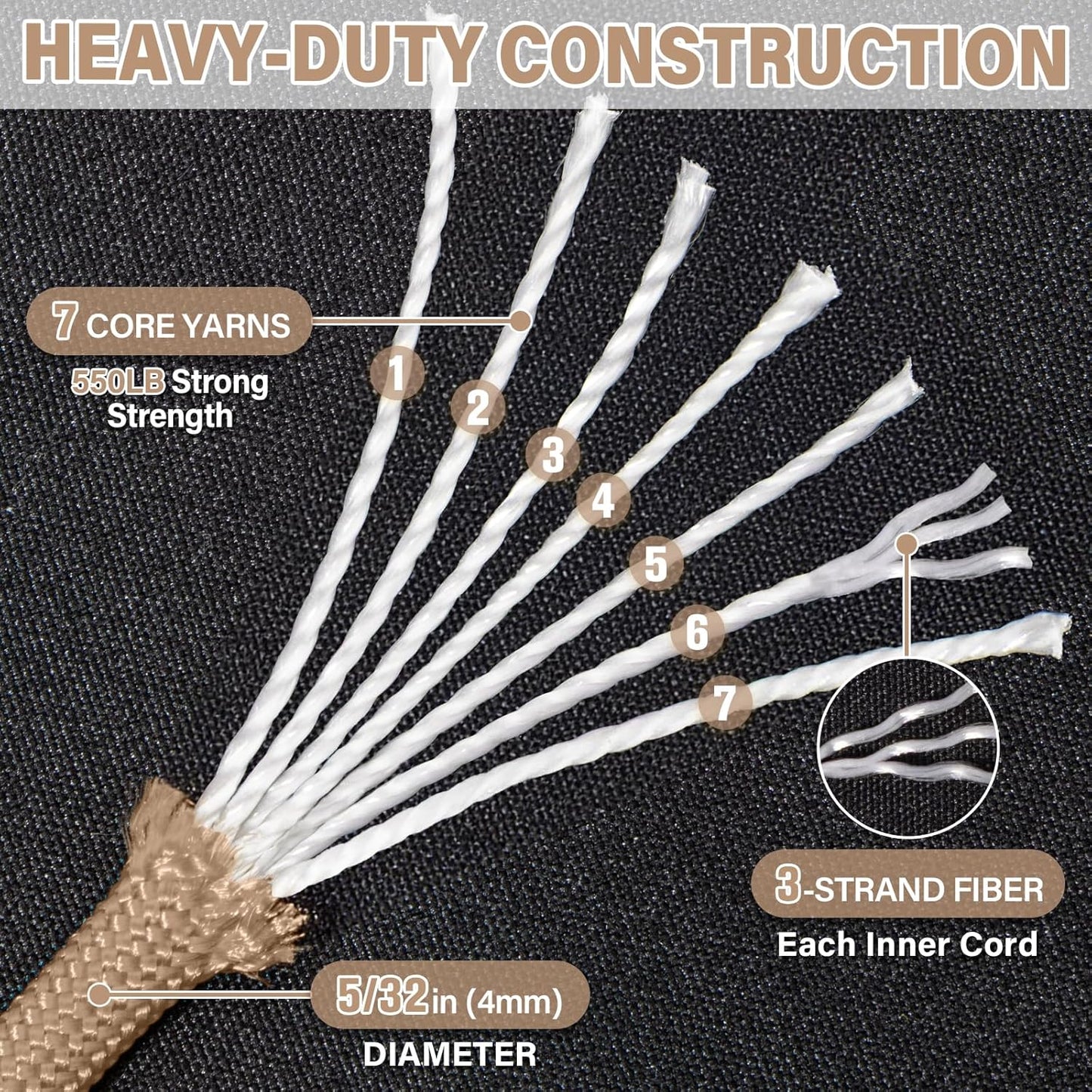 Paracord 550 lb - 500ft Heavy Duty 7-Strand Parachute Cord | Ideal for Camping, Survival Gear, Khaki