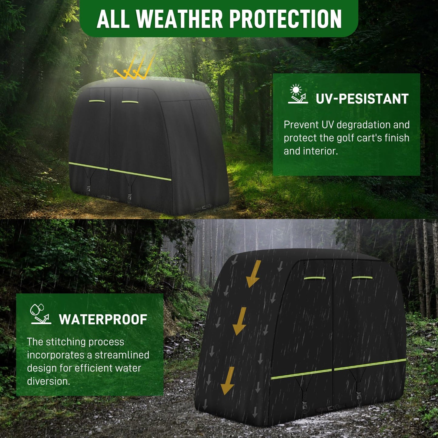 Cartalia 2 / 2+2 / 4 Passenger Upgraded Golf Cart Cover with Safe Reflective Strips Fits EZGO Club Car Yamaha, 420D Heavy Duty Cover All Weather Protection Waterproof Sunproof Dustproof Snowproof