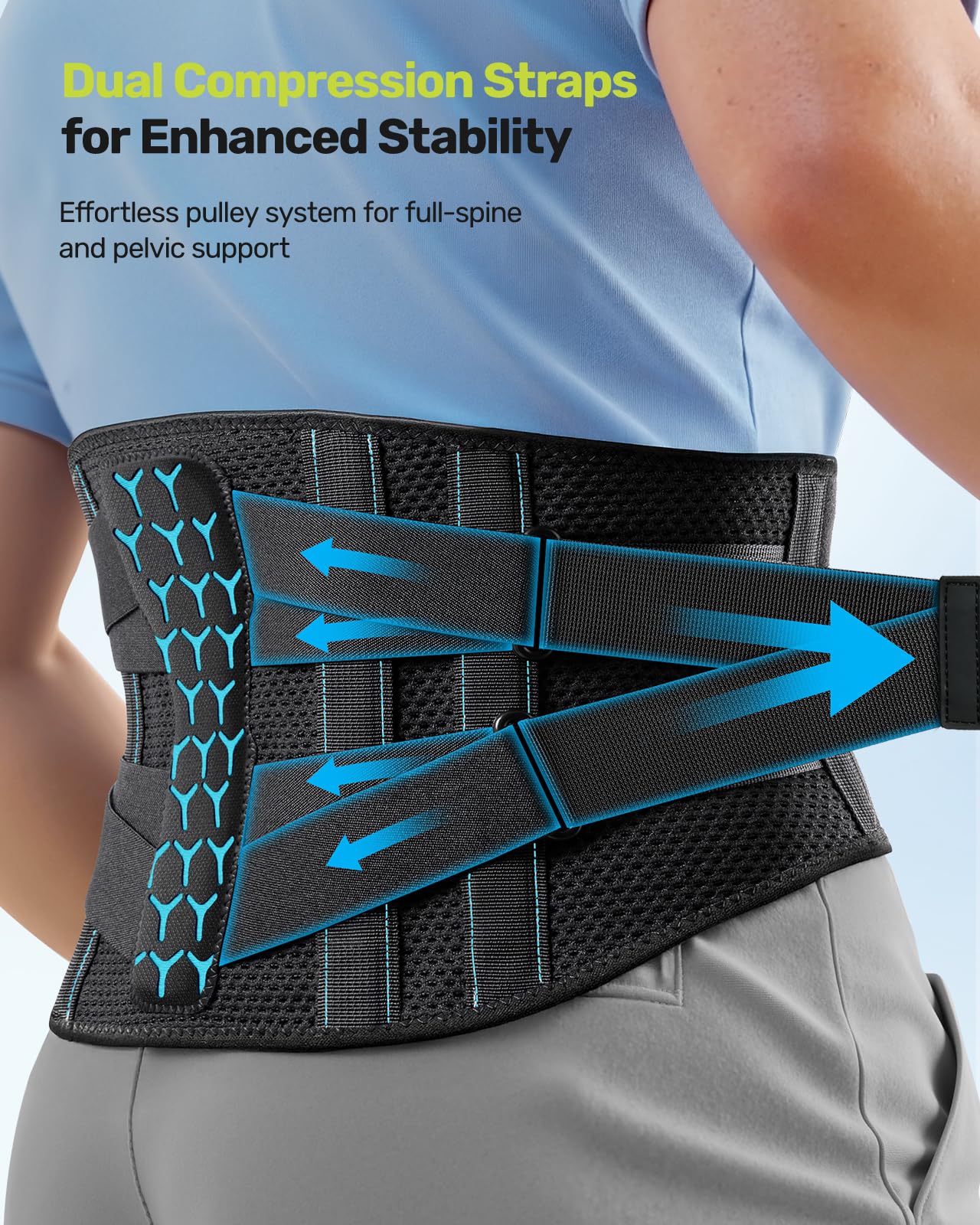 Rakiie Back Brace for Lower Back Pain, 7 Stays Ergonomic Support Brace with Comfortable 3D Pad, Easy to Put On/Off Lumbar Support Belt for Women Men, Pain Relief from Sciatica, Herniated Disc, Size M (Waist: 33.5"-39.4")