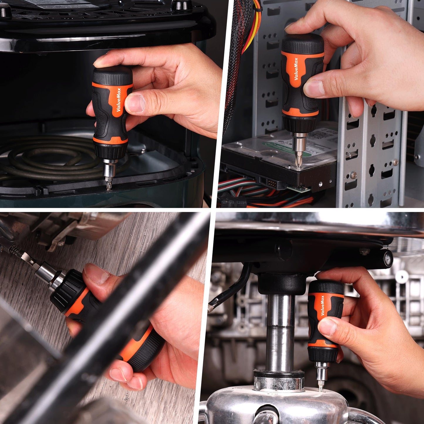 ValueMax 8-in-1 Stubby Ratcheting Screwdriver, Multi-bit Screwdriver, Quick-load Mechanism, Adjustable Magnetic Tool with Phillips, Slotted, Torx Screw Driver Bits and 1/4" Nut Driver