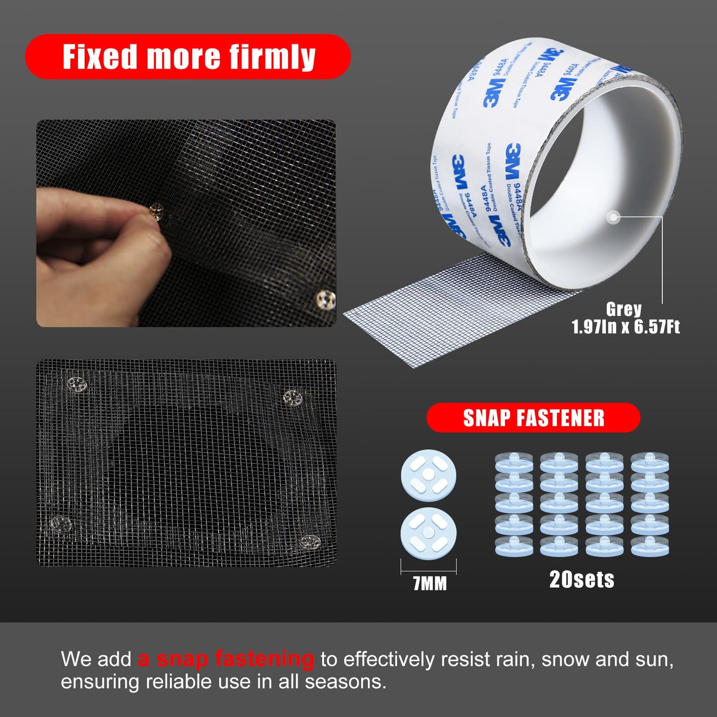 PHIXBEAR Super Strong Adhesion Screen Repair Tape Replacement Kit, Made of 3M, Screen Tape Mesh Repair for Window Screen and Screen Door Tears Holes, Grey 1.97In X 6.57Ft