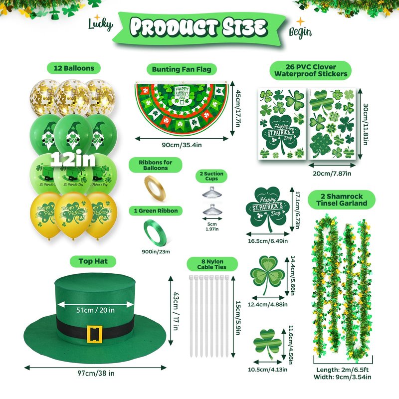 St Patricks Golf Cart Parade Decorations Kit, Car Decor with Giant Leprechaun Hat, Green Metallic Tinsel Garland, Bunting Flag ,Balloons, Shamrock Stickers for Outdoor Holiday