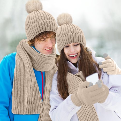SATINIOR 5 Pieces Winter Beanie Hat Scarf Touchscreen Gloves and Thick Socks Set Knit Fleece Lined Warmer for Men and Women(Beige,Pompom)