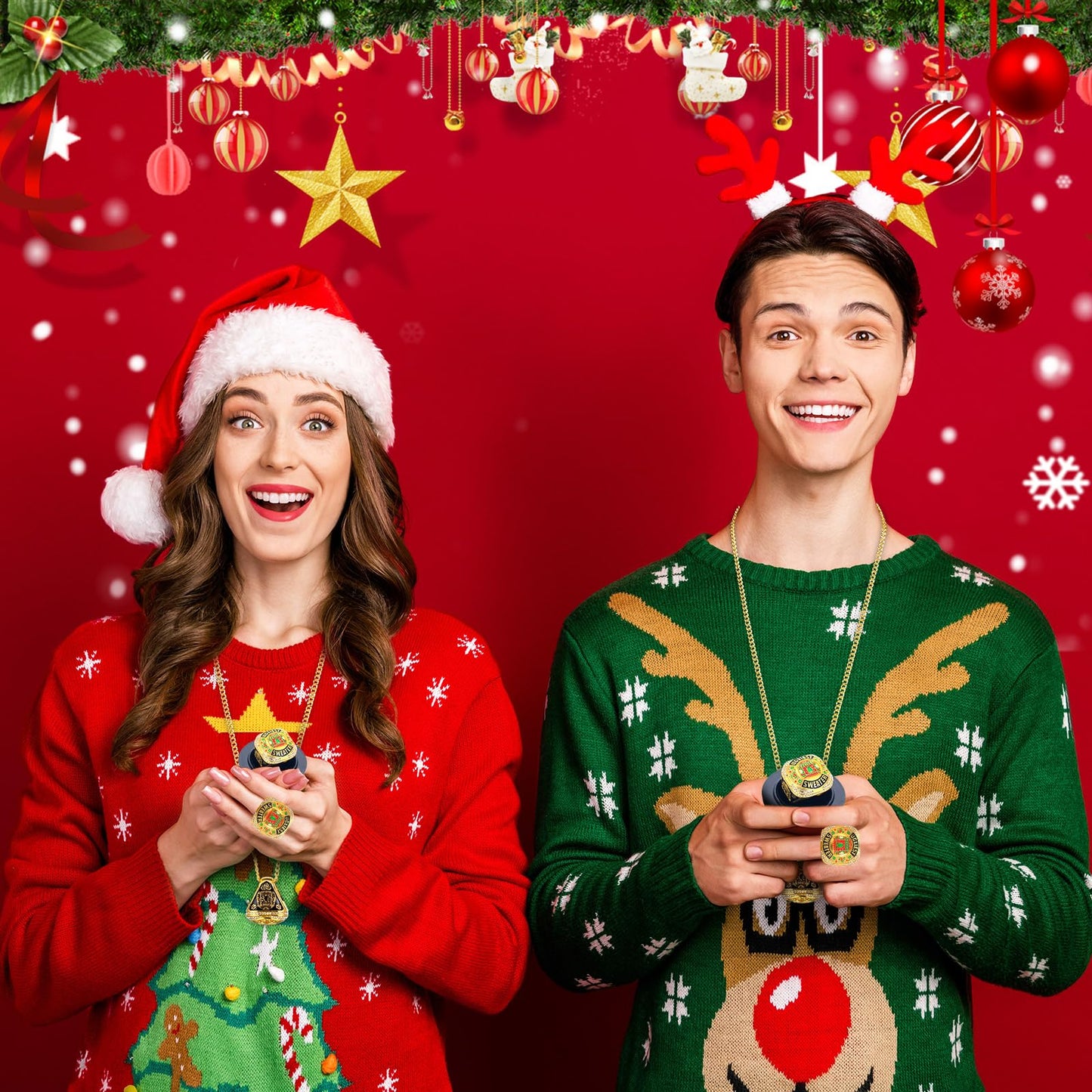 Highergo 6pcs Ugly Christmas Sweater Championship Trophy Ring Ugly Sweater Costume Contest Award with Display Neck Chain and Stand for Xmas Ugliest Sweater Contest Christmas Party Gift Competition