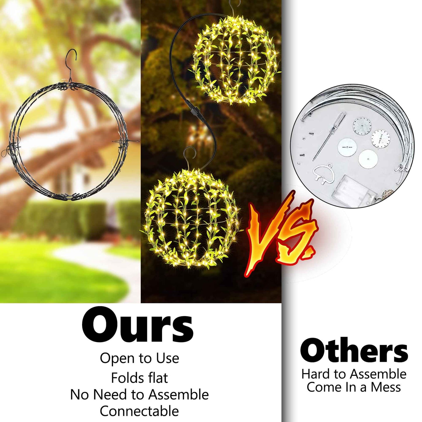 Flacchi Hanging Iron Sphere Lights with Artificial Greenery – 12Inch 120 LED Waterproof Outdoor/Indoor Decor Ball Light with Timer & 8 Modes – 2 Pack for Garden, Christmas, Weddings (Warm White)