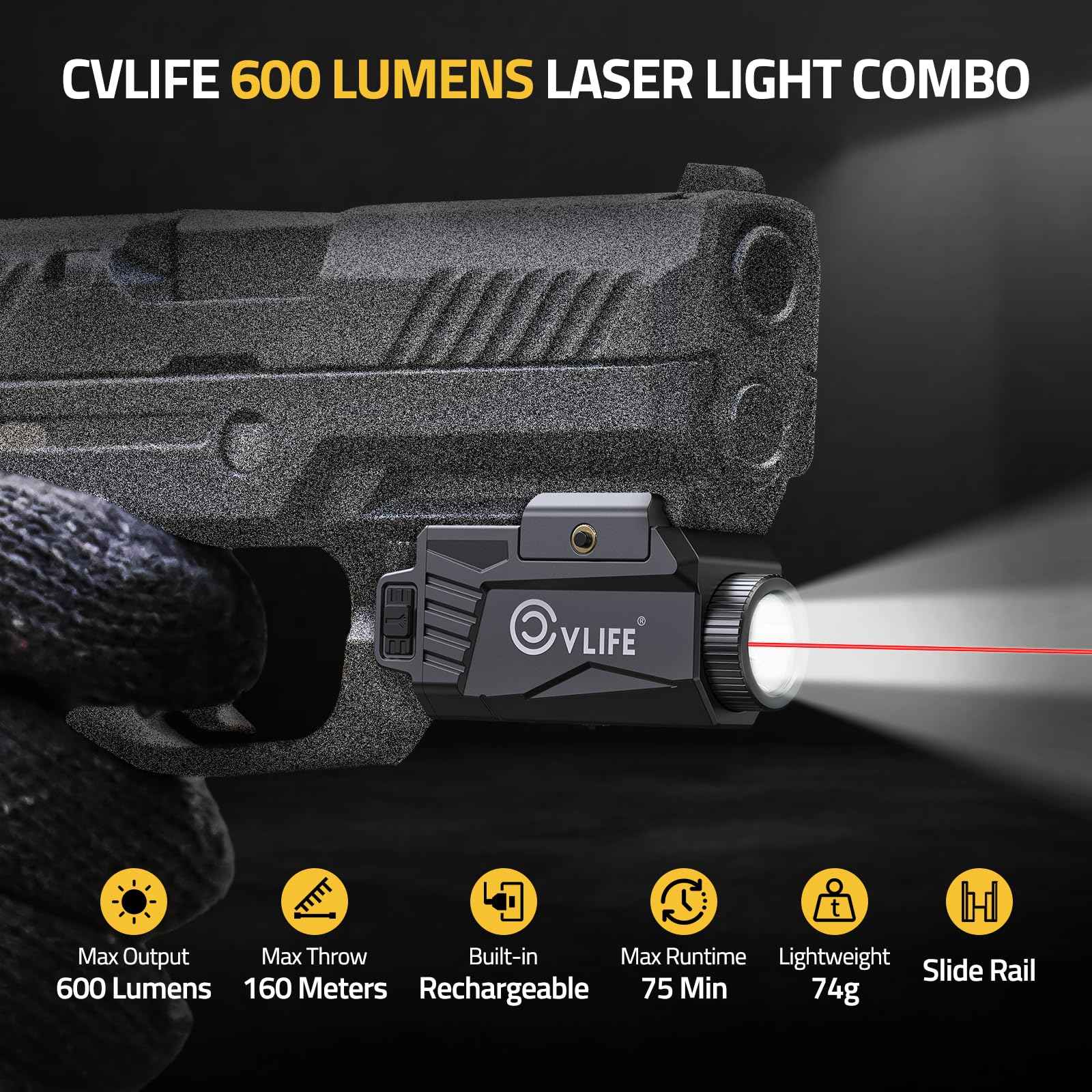 CVLIFE 600 Lumens Pistol Light Laser Combo - Rechargeable Slide Rail Gun Light Compatible with Glock and Picatinny Rail. Tactical Pistol Flashlight with Red Laser for Home Defense