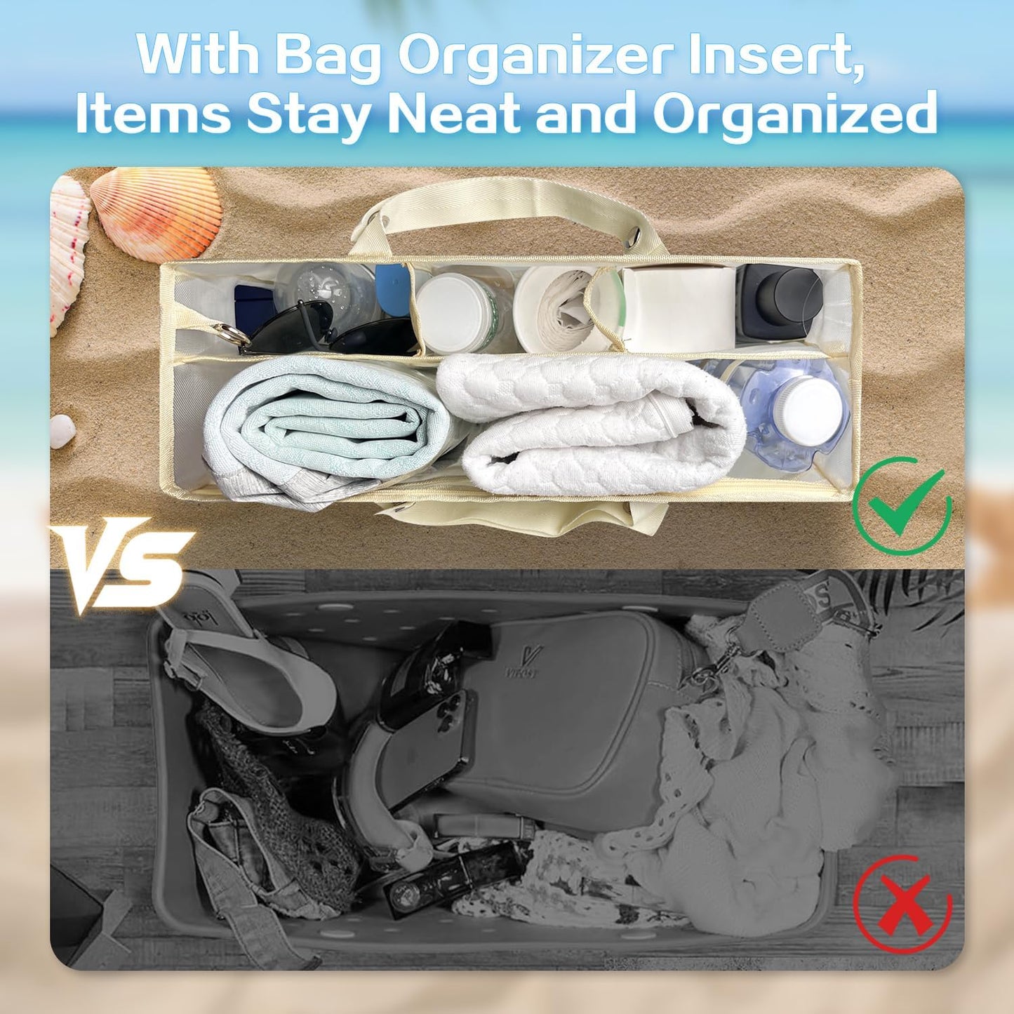 XYFuuee Beach Bag Organizer - Medium Bogg Bag Inserts with 8 Removable Fasteners | Lightweight Mesh Divider, Khaki