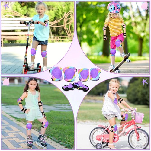 FIODAY Kids Knee Pads - Adjustable Elbow Pads & Wrist Guards for Roller Skating | Rainbow Mermaid, 3-8 Years