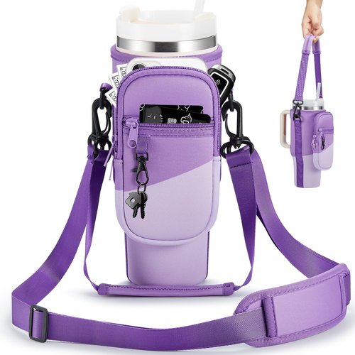 BULKITEM Water Bottle Carrier Bag with Phone Pocket for Gradient Purple Stanley 40 oz Tumbler with Handle, Insulated Neoprene Cup Holder Pouch Strap for Valentines Stanley Cup Accessories