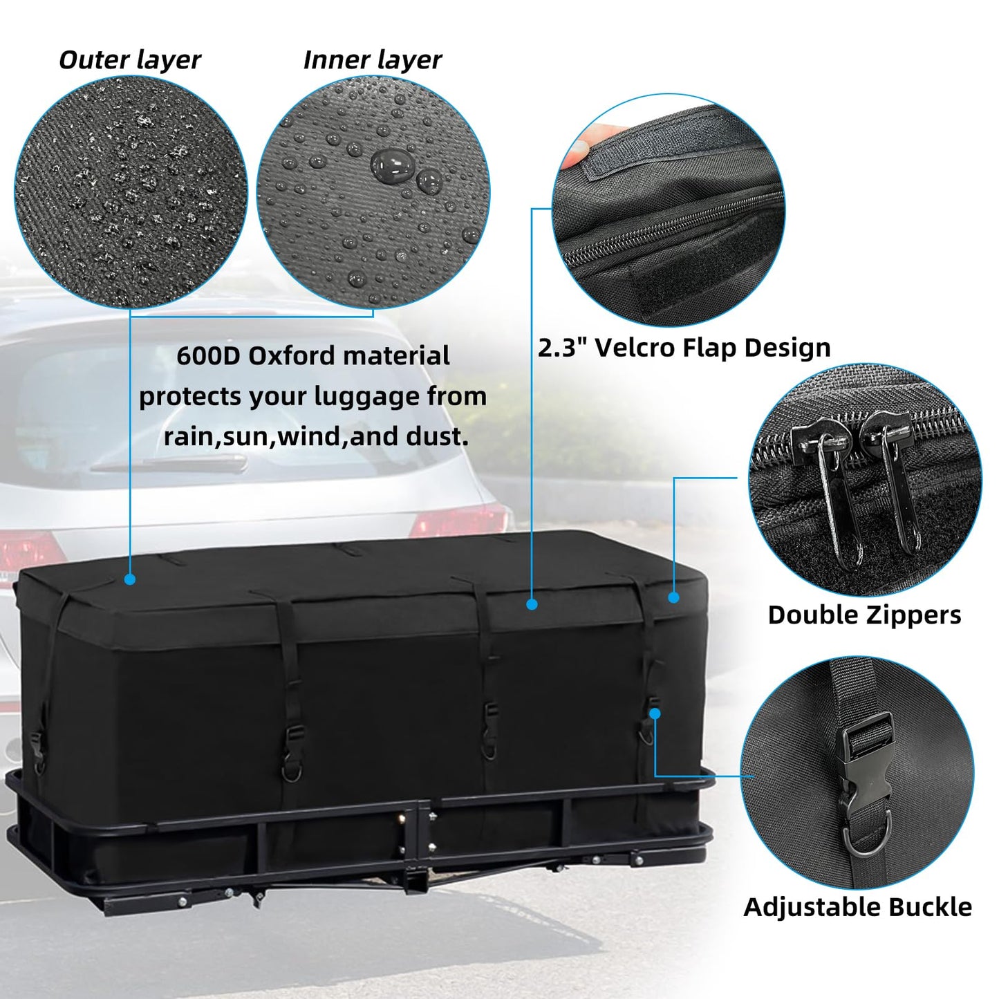 Waterproof Cargo Bag for Hitch Carrier 12.5 Cubic Feet Cargo Bag for Hitch Carrier,600D PVC Vehicle Soft-Shell Carriers with 8 Reinforced Straps,Storage Bag