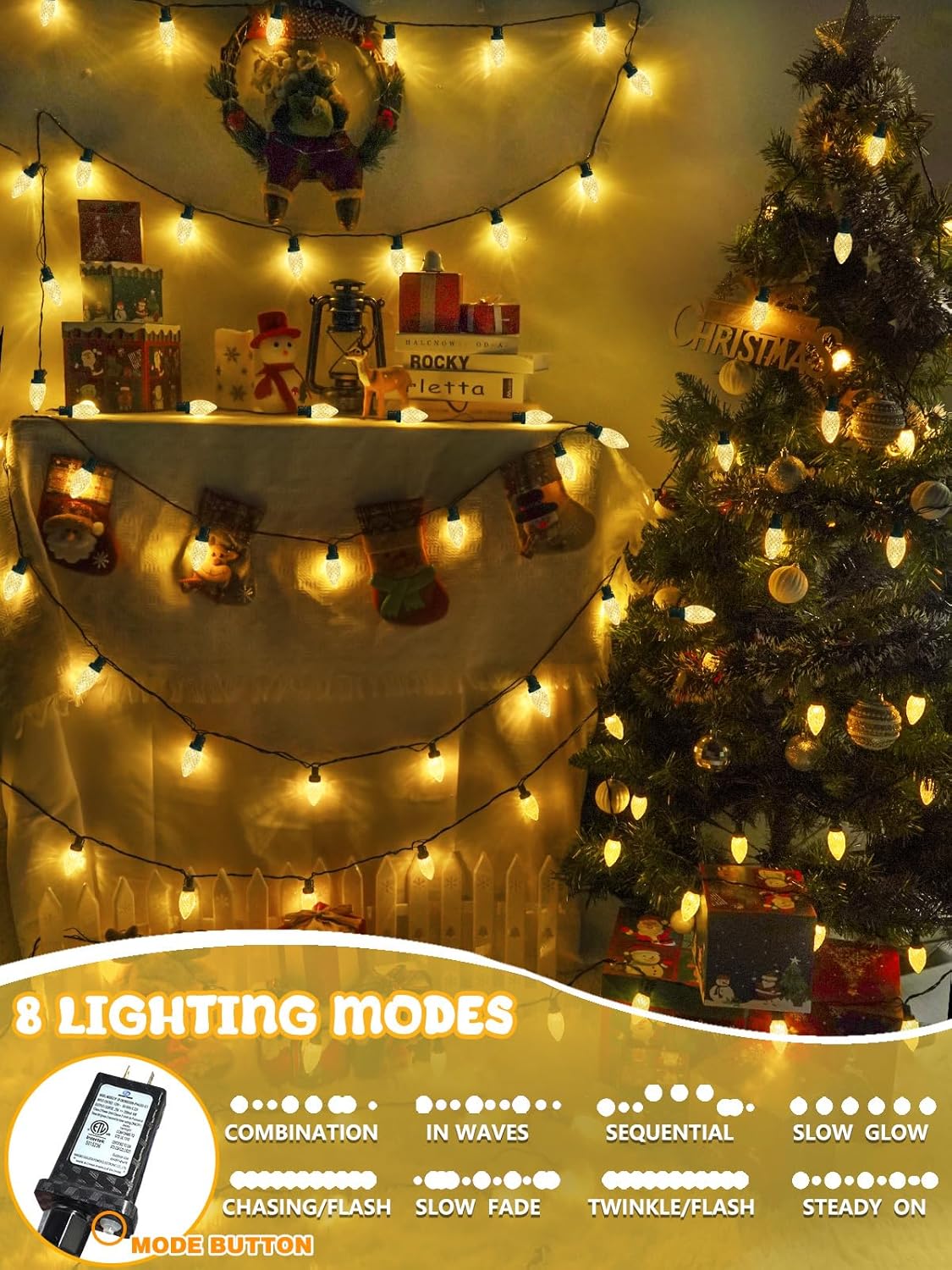 100 LED C9 Halloween String Lights - 66FT Waterproof Twinkle Lights with 8 Modes & Timer for Indoor/Outdoor Decor (Orange, Purple, Green) - 2-Pack